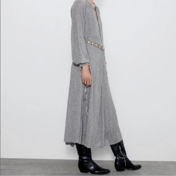 ZARA Dress with Metallic Thread silver long sleeve with slip size med NWT - Picture 9 of 15